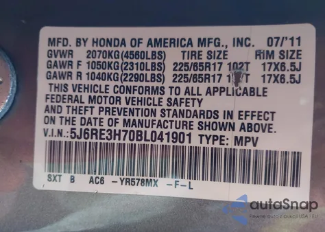 2011 Honda Cr-V Ex-L from USA, damaged, VIN 5J6RE3H70BL041901